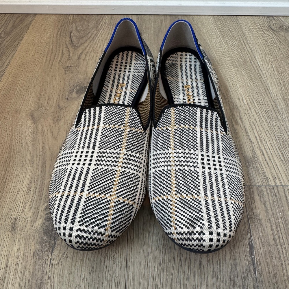 Rothys The Loafer Prince Plaid Black White Tan Knit Ballet Flats Women's 8.5 EUC - Picture 2 of 5